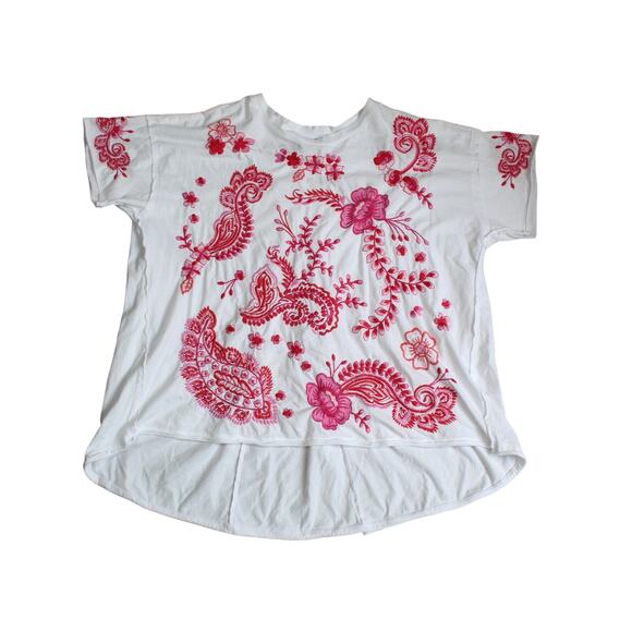 Johnny Was Tops - Johnny Was Cassia Swing Top Womens Medium Embroidered Floral White Pink Boho